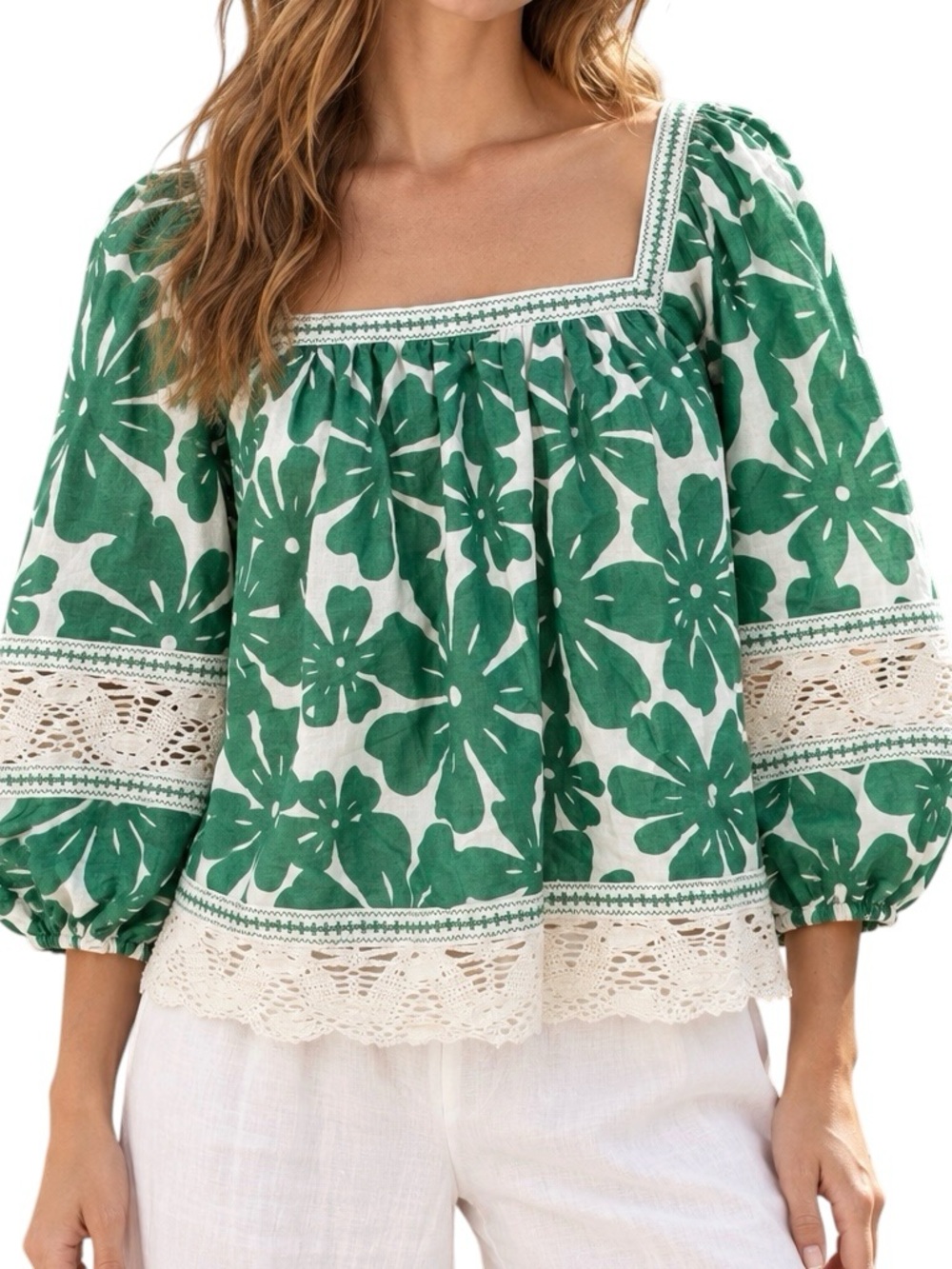 Rachel Zoe Green Floral Linen Blend Crochet Trim Peasant Blouse Size L